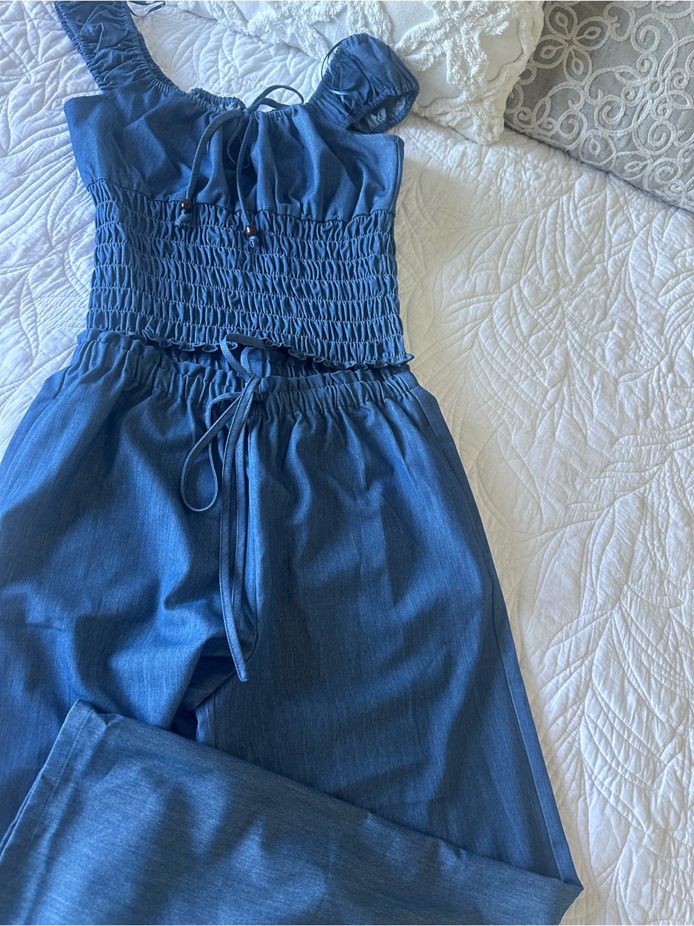 Final Touch Navy Blue Smocked Wide-Leg top and pants with Tie Waist
